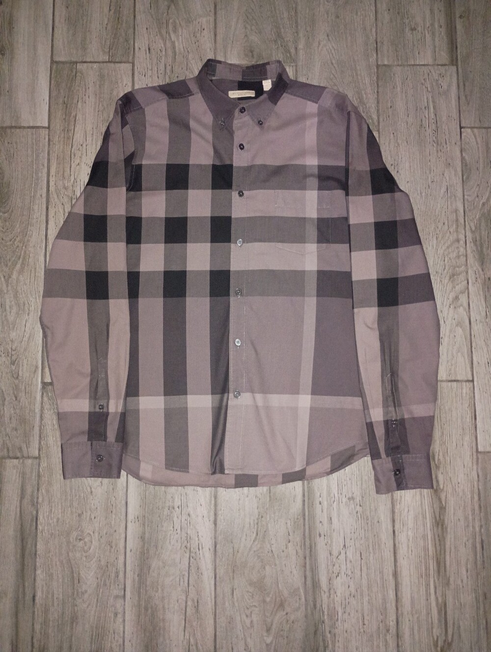 Men's Burberry Brit Long Sleeve Gray & Black Checker Plaid Shirt